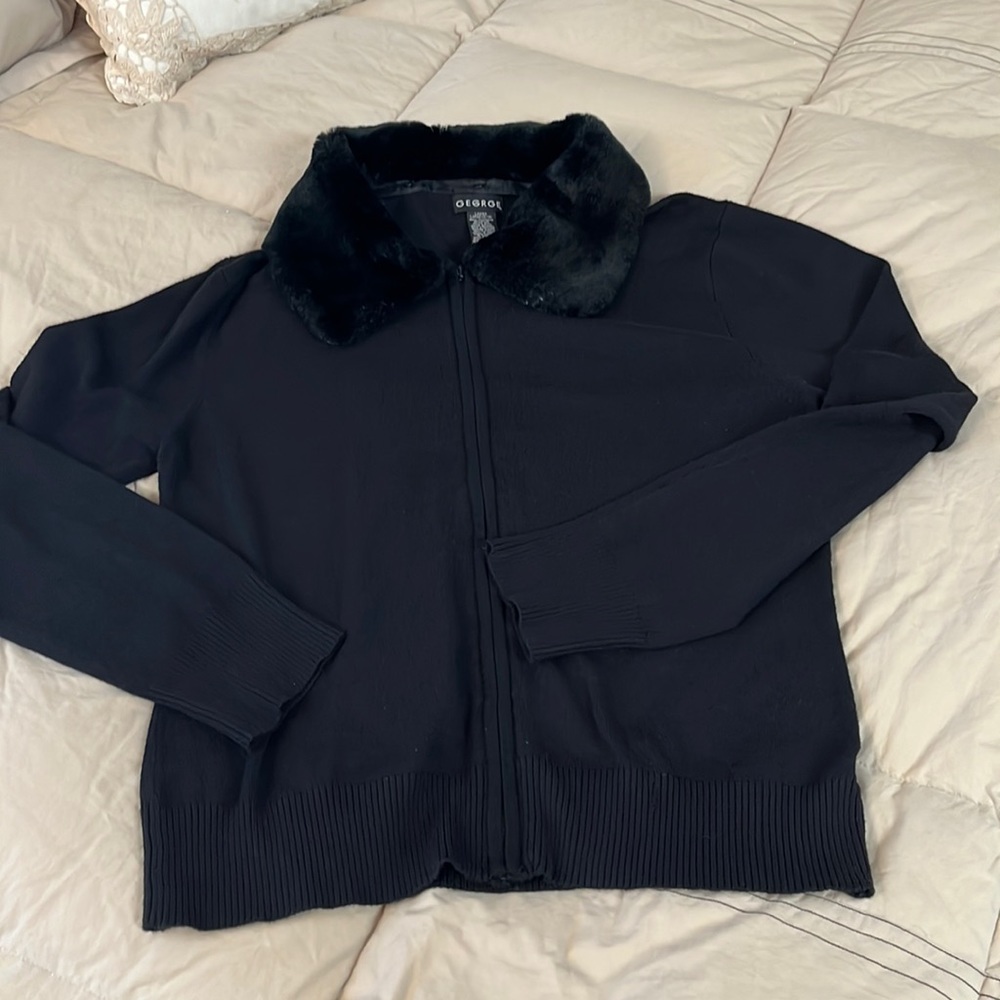 Knit zip sweater with fur collar